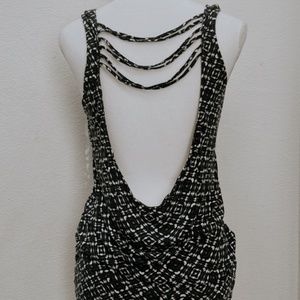 Highlife NY black/white pattern tank w flattering fit low back w draped straps